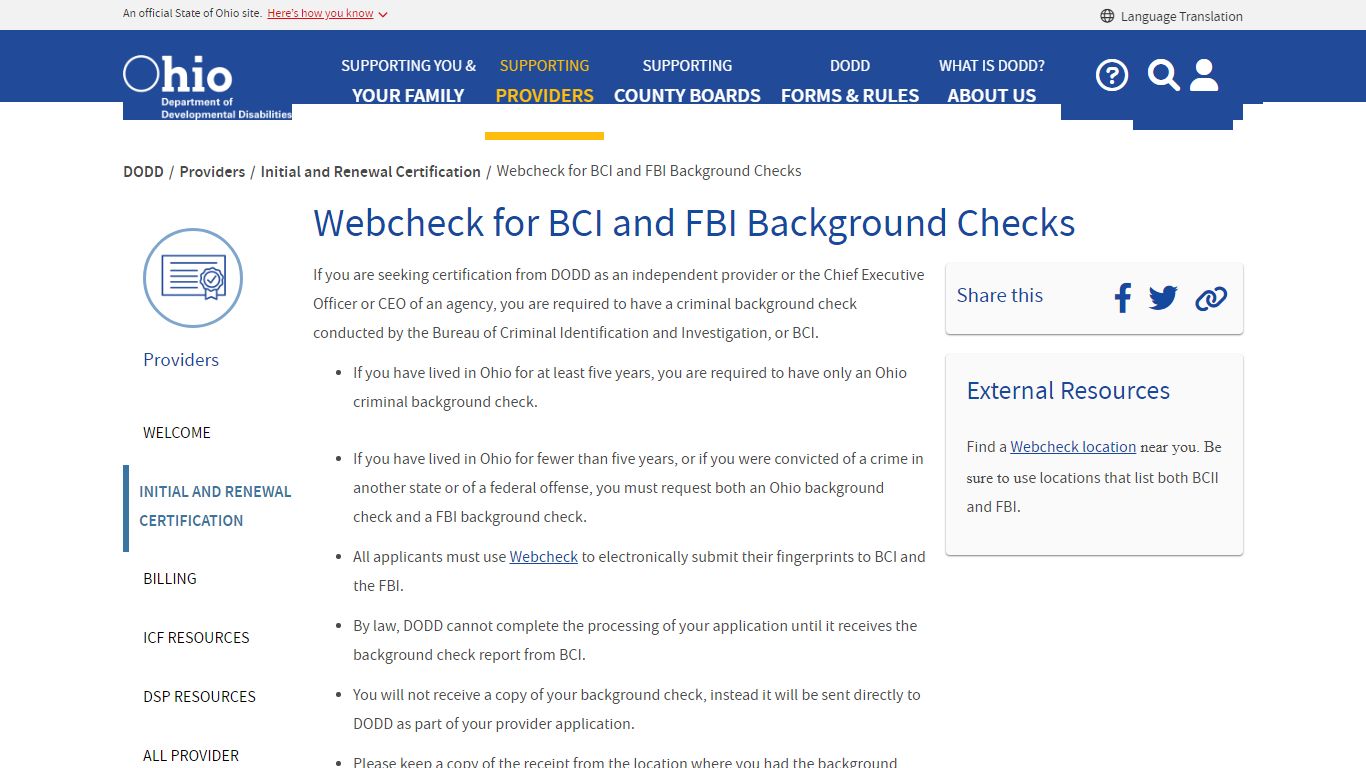 Webcheck for BCI and FBI Background Checks - Ohio